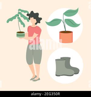 gardening, woman with plant in hands boots and potted plant icons vector illustration Stock Vector