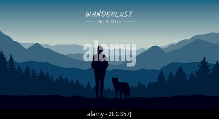 wanderlust girl and dog in forest nature landscape vector illustration EPS10 Stock Vector