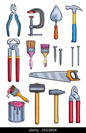 Work tools color sketch icons. Vector isolated set pliers, vise or cutter and saw, paint brush or hammer or nail puller and screwdriver with nails for Stock Vector
