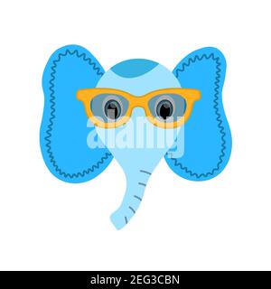 Colorful cute vector elephant face in sunglasses. One object on a white background. Cartoon flat illustration. Emoji funny animal. Embarrassed smile Stock Vector