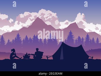 man is playing guitar and woman is listening at their camping trip,vector illustration Stock Vector