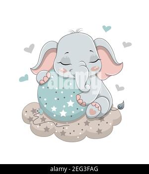 Cute baby elephant hugging balloon. Stock Vector