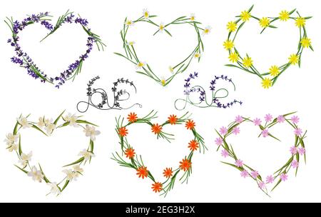 Floral hearts collection, made from flower lavender, chamomile, jasmine. Spring flower. Love concept. Wreath of wildflowers. Vector illustration. Stock Vector