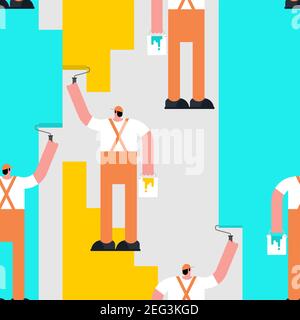 Painter paints pattern seamless. Painter with bucket of paint and roller paints wall background. Baby fabric texture Stock Vector