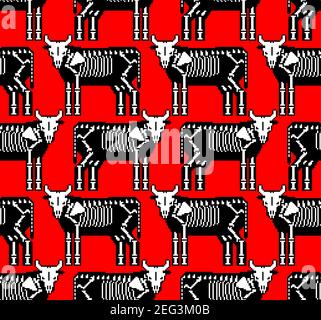 Cow skeleton pixel art pattern seamless. 8 bit Farm animal bones background. Bull anatomy texture. vector ornament Stock Vector
