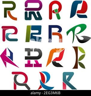 R letter icon set of corporate identity font. Abstract alphabet symbol made up of pink, red and blue geometric figure, green leaf and curved line for Stock Vector
