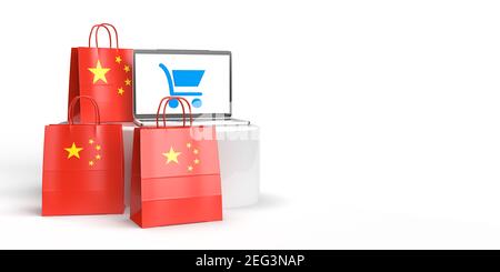 Global eCommerce, online trade and consume concept: Three 3D rendered bags with Chinese flag standing around a podium with a laptop with shopping bag Stock Photo