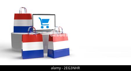 Global eCommerce, online trade and consume concept: Three 3D rendered bags with Russian flag standing around a podium with a laptop with shopping bag Stock Photo