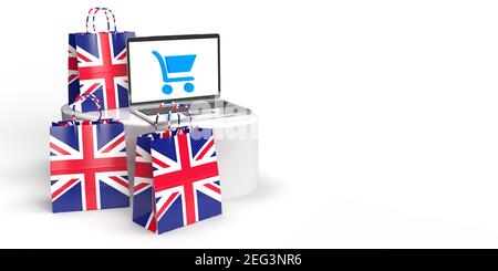 Global eCommerce, online trade and consume concept: Three 3D rendered bags with British flag standing around a podium with a laptop with shopping bag Stock Photo