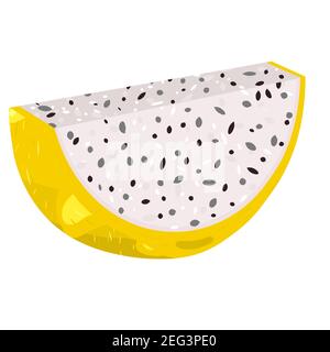 Fresh cut slice yellow pitaya fruits isolated on white background. Summer fruits for healthy lifestyle. Organic fruit. Cartoon style. Vector illustrat Stock Vector