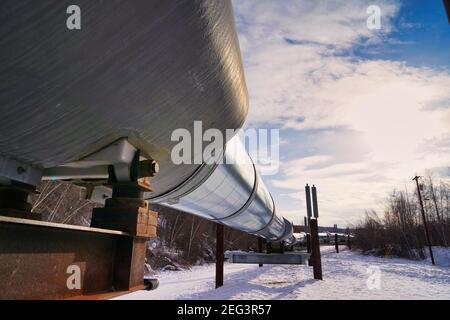 Trans-Alaska pipeline system in the snow. March 18, 2016, Alaska. It transports oil from Prudhoe Bay to Valdez, Alaska, USA. Stock Photo