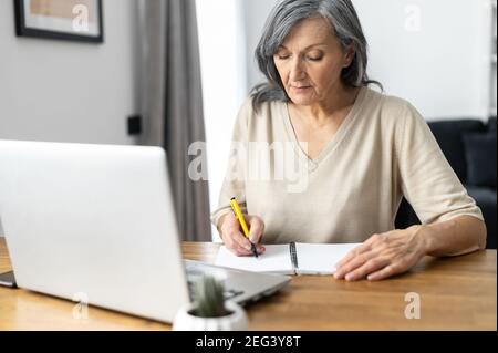 Mature focused woman watching online webinars on the laptop sitting at the table at home, taking notes, e-learning. Concentrated senior business woman Stock Photo