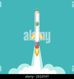 pencil rocket ship with fire. Isolated on powder blue. fantasy flat vector illustration with flying pencil. Creativity, imagination, ideas horizontal Stock Vector