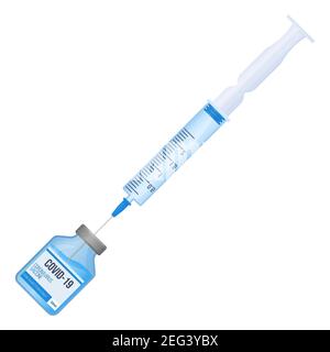 Taking medcine with syringe from the vial. covid-19 vaccination, coronavirus immunization, health care concept. Stock vector illustration in realistic Stock Vector