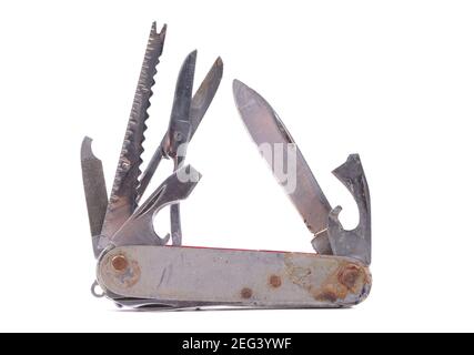 Close up of a broken multipurpose knife, isolated on white Stock Photo