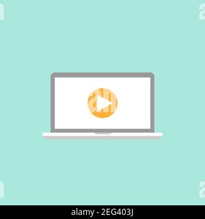laptop with play button on screen. Watch tutorials sign isolated on blue. Flat vector simple icon. video button. online player symbol. Computer. Stock Vector