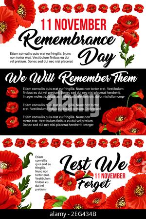 Remembrance Day greeting card of poppy flowers for 11 November Lest we  Forget Commonwealth national commemoration. Vector poppies for Australian,  Cana Stock Vector Image & Art - Alamy