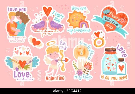 Set of eight different Valentines Day stickers Stock Vector