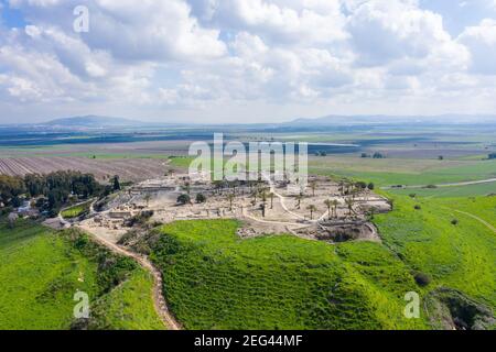 Tel Megiddo national park, Also known in Greek as Armageddon, A prophesied town for a battle during the end times, Aerial view. Stock Photo