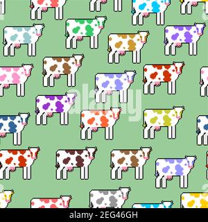 Cow pixel art pattern seamless. 8 bit farm animal backgroundn. vector ornament Stock Vector