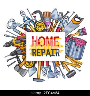 Repair tool sketch poster with home construction equipment and instrument. Hammer, screwdriver and wrench, drill, spanner and pliers, paint brush, tro Stock Vector