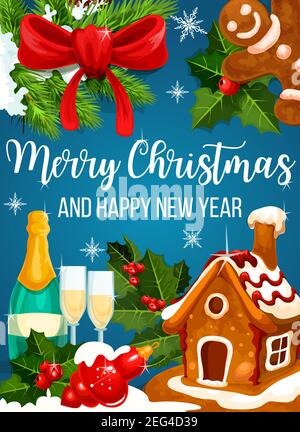 Christmas cookie and New Year wreath greeting card. Gingerbread man and house made up of ginger biscuit, decorated with holly berry, Xmas tree and bal Stock Vector