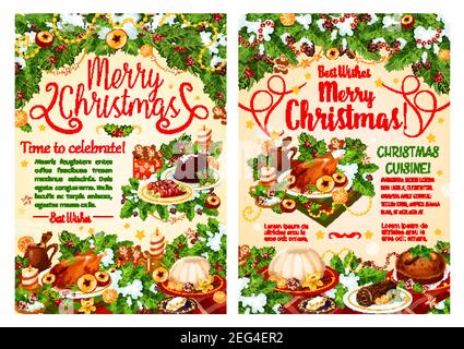 Christmas dinner festive dishes greeting banner of winter holidays. Turkey, cake and cookie, wine, sweet bread and pudding on table, decorated with Xm Stock Vector