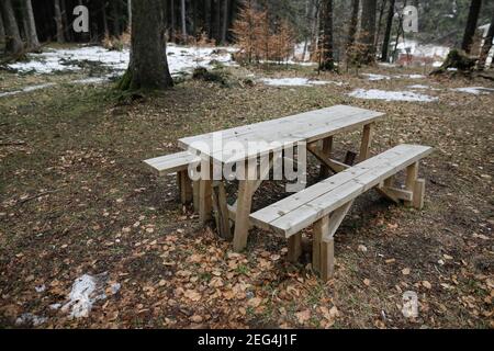 Wooden table and benches in the middle of a Romanian forest during a cold and rainy winter day. Stock Photo