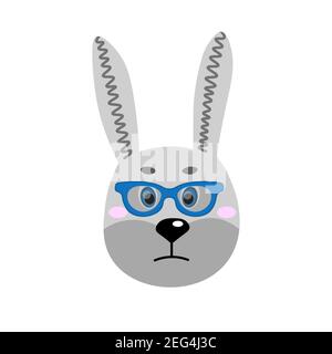 Colorful cute vector hare face in sunglasses. One object on a white background. Cartoon flat illustration. Emoji funny animal. Embarrassed smile Stock Vector