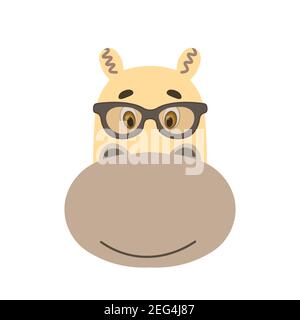 Colorful cute vector hippopotamus face in sunglasses. One object on a white background. Cartoon flat illustration. Emoji funny animal. Embarrassed Stock Vector