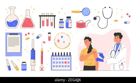 Concept poster with various medical objects. Stock Vector