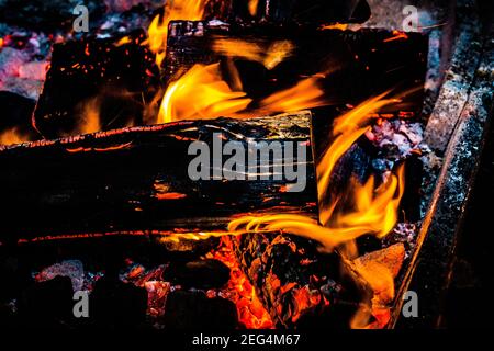 Close-up of a wood fire burning Stock Photo