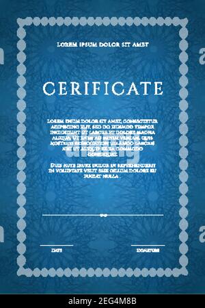 Winner luxury certificate, vertikal template design, blank diploma with guilloches in blue and white tones Stock Vector