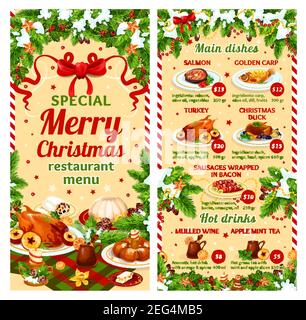 Merry Christmas dinner restaurant menu template of winter holidays main meat and fish dishes. Vector price for roasted chicken turkey or duck, golden Stock Vector