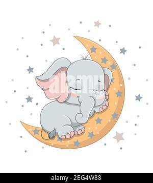 baby elephant sleeping on the moon. hand drawn cartoon vector art Stock ...