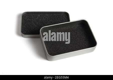Metal Container with Protective Sponge on White Background Stock Photo