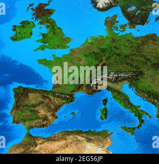 Physical map of Western Europe. Detailed flat view of the Planet Earth and its landforms. 3D illustration - Elements of this image furnished by NASA Stock Photo