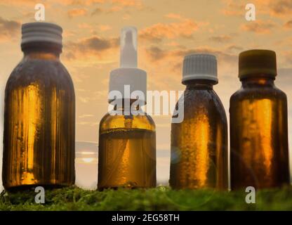 Brown bottles, medicine.  Set of various bottles, medical Stock Photo