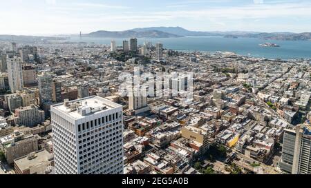 San Francisco, California, USA - August 2019: San Francisco cityscape overlooking Alcatraz Island Stock Photo
