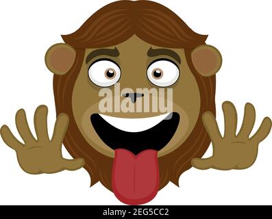 Vector emoticon  illustration cartoon of a lion´s head with happy expression, raising both hands and sticking out the tongue Stock Vector