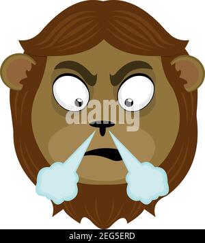 Vector emoticon illustration cartoon of a lion´s head with angry expression coming out of nose smoke Stock Vector