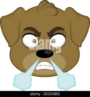 Vector emoticon illustration of a cartoon dog's face with an angry expression and fuming Stock Vector