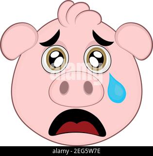 .Vector illustration of a cartoon pig's face with a sad expression and a tear falling from its eye Stock Vector