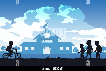 black and color of silhouette design of children going to school,vector illustration Stock Vector