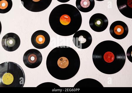 Wall Display or Collection of 7-inch and 12-inch LPs or Long Playing Records, Vinyl Records, Gramophone Records or Phonographic Records Stock Photo