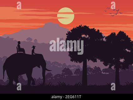 people on elephant back travel in Thailand around with nature in jungle of east lifestyle,vector illustration Stock Vector