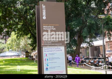 Wynyard Park in Sydney city centre, City of Sydney naming sign with aboriginal title,Sydney,Australia Stock Photo