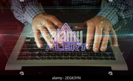 Alert warning concept with exclamation symbol, danger, cyber attack and computer security breach icon. Futuristic abstract 3d rendering illustration. Stock Photo