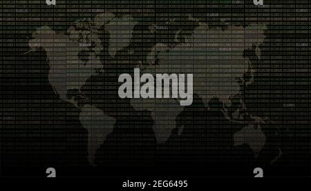 World map with 01 or binary numbers on the computer screen on monitor matrix background. Digital data code. Stock Photo
