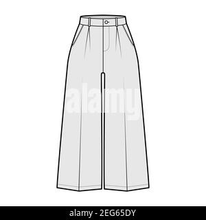 Pants capri technical fashion illustration with normal waist, high rise, single pleat, mid-calf length, wide legs, seam pockets. Flat trousers apparel template, grey color. Women, men CAD mockup Stock Vector
